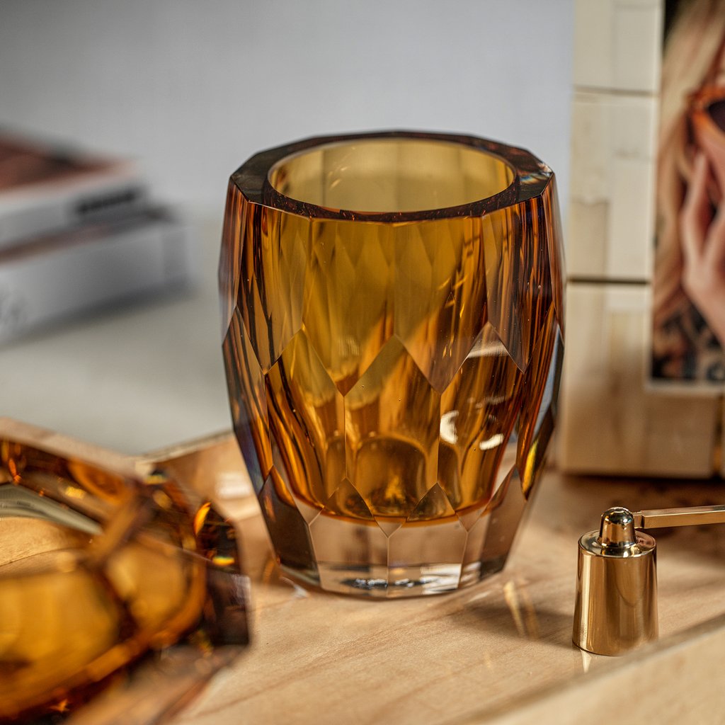 Amber Polished Cut Glass Vase and Hurricane