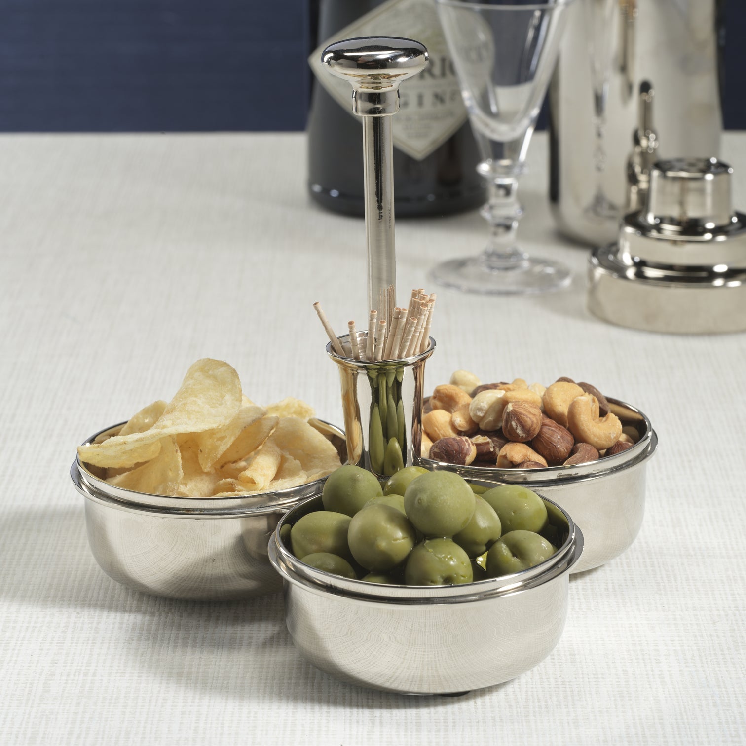 Polished Nickel Condiment Trio with Cocktail Pick Holder