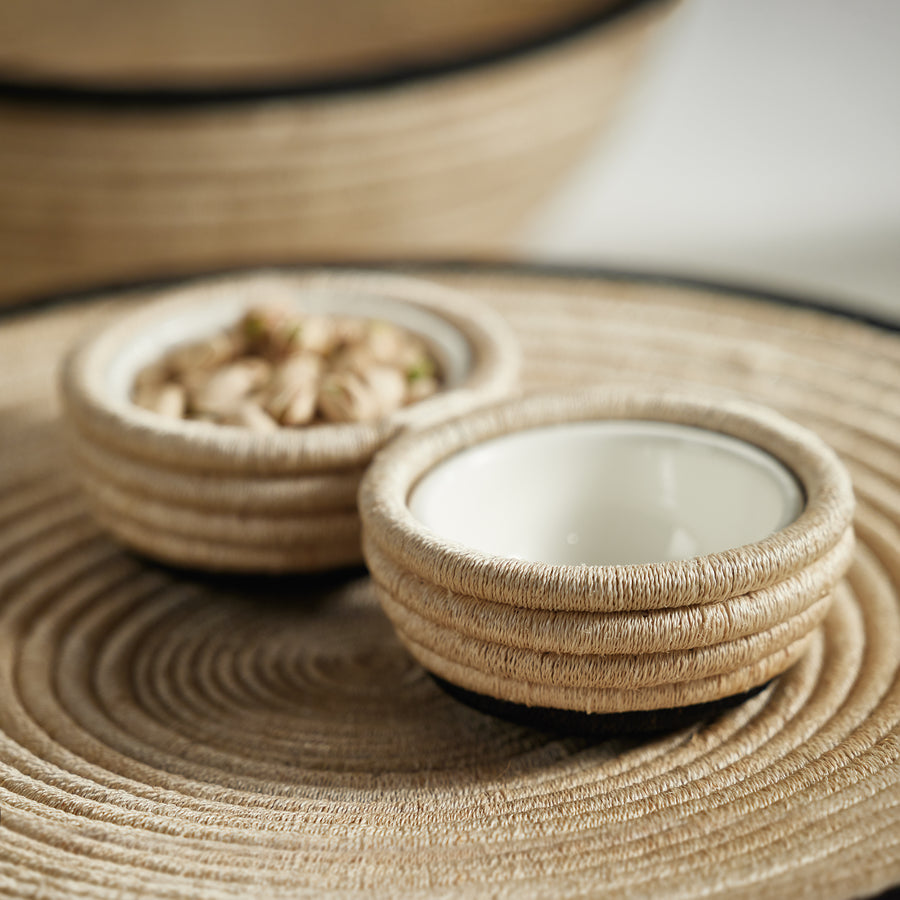 Natural and Black Coiled Abaca 2-Section Condiment Bowl